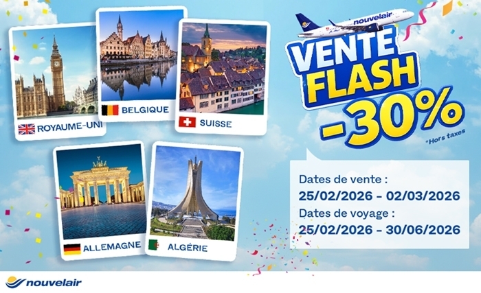Nouvelair lance sa «Vente Flash»:  –30 % vers le Royaume-Uni, la Belgique, la Suisse, l’Allemagne et l’Algérie